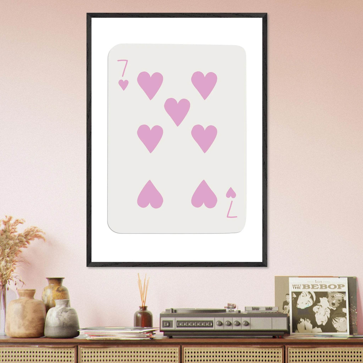 Charming Seven of Hearts Poker Card Print - Mounted Framed Poster Art with Eco-Friendly Wood Frame - Vibrantwalls