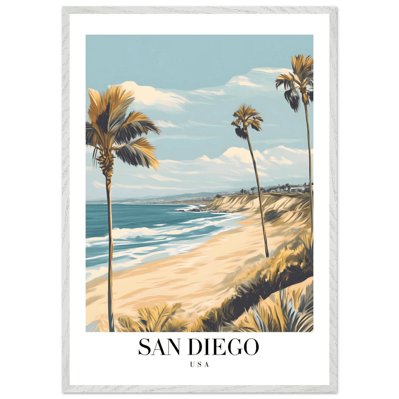 San Diego USA Framed Poster – Vintage Beach Travel Wall Art with Wooden Frame in Your Choice of Size and Finish - Vibrantwalls