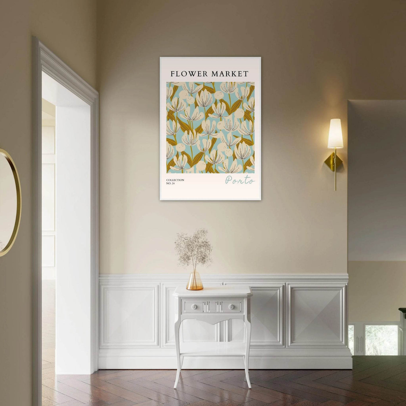 Flower Market Porto Abstract Floral Framed Poster | Calming Blue & Gold Botanical Art Print, Ready-to-Hang - Vibrantwalls