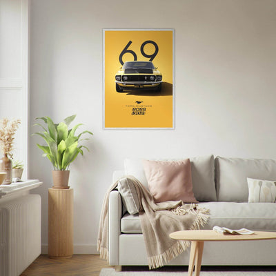 1969 Ford Mustang Boss 302 '69 - Iconic Yellow Framed Poster | Ready-to-Hang, Premium Art Print - Vibrantwalls