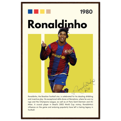 Ronaldinho Barcelona Football Legend Framed Brazil Poster 60x90 cm 24x36″ Dark wood frame Vibrantwalls