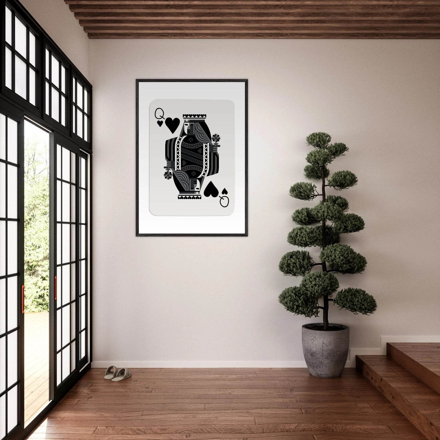 Queen of Spades Poker Card Print - Elegant Black & White Mounted Framed Poster Art, Eco-Friendly Wood Frame - Vibrantwalls
