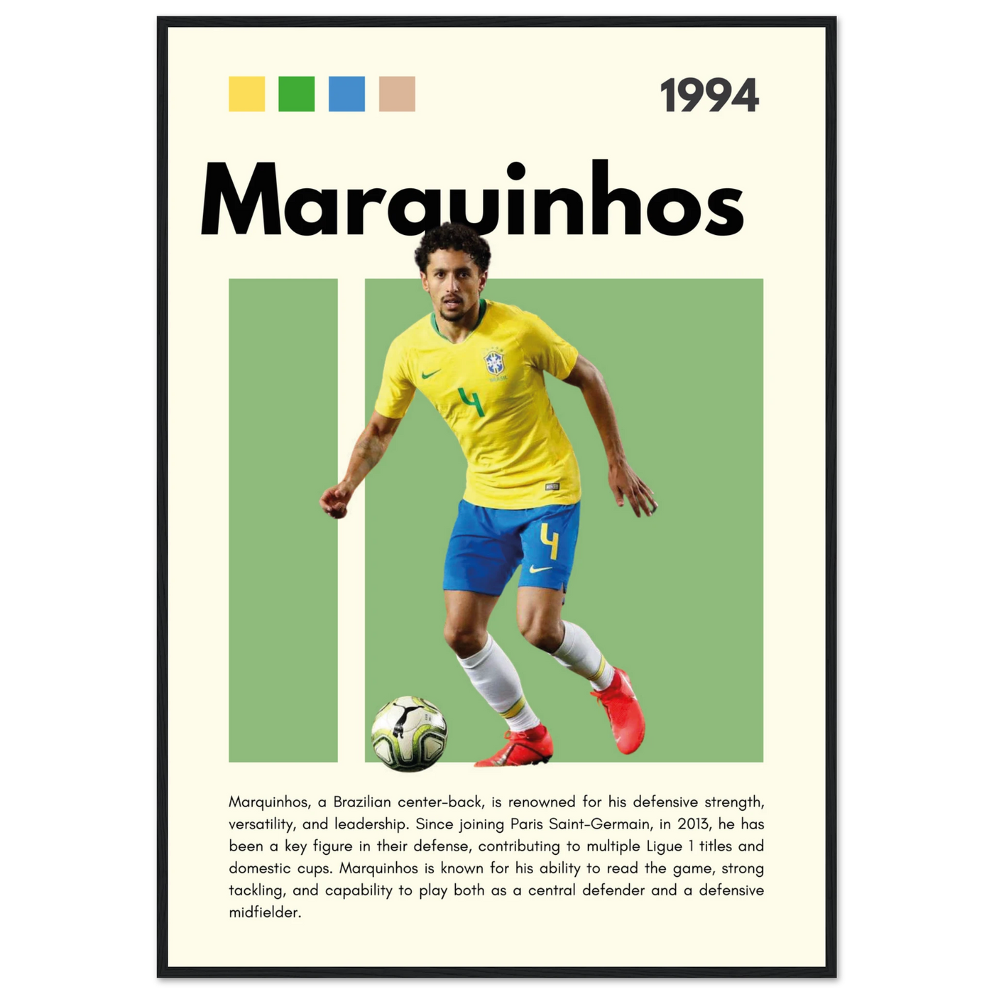 Marquinhos Brazil Football Framed Poster – Iconic Soccer Art Print for Fans 70x100 cm 28x40″ Black frame Vibrantwalls