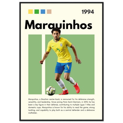 Marquinhos Brazil Football Framed Poster – Iconic Soccer Art Print for Fans 70x100 cm 28x40″ Black frame Vibrantwalls