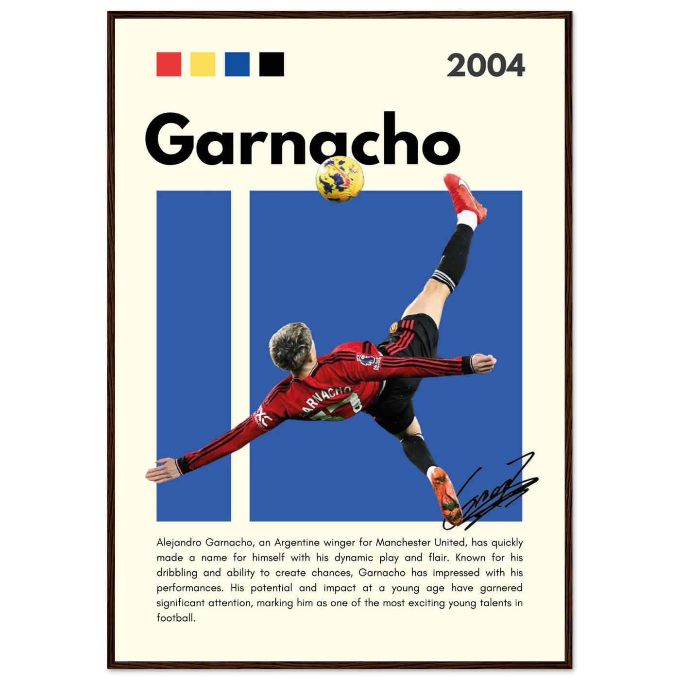 Alejandro Garnacho Manchester United Dynamic Football Poster 70x100 cm 28x40″ Dark wood frame Vibrantwalls
