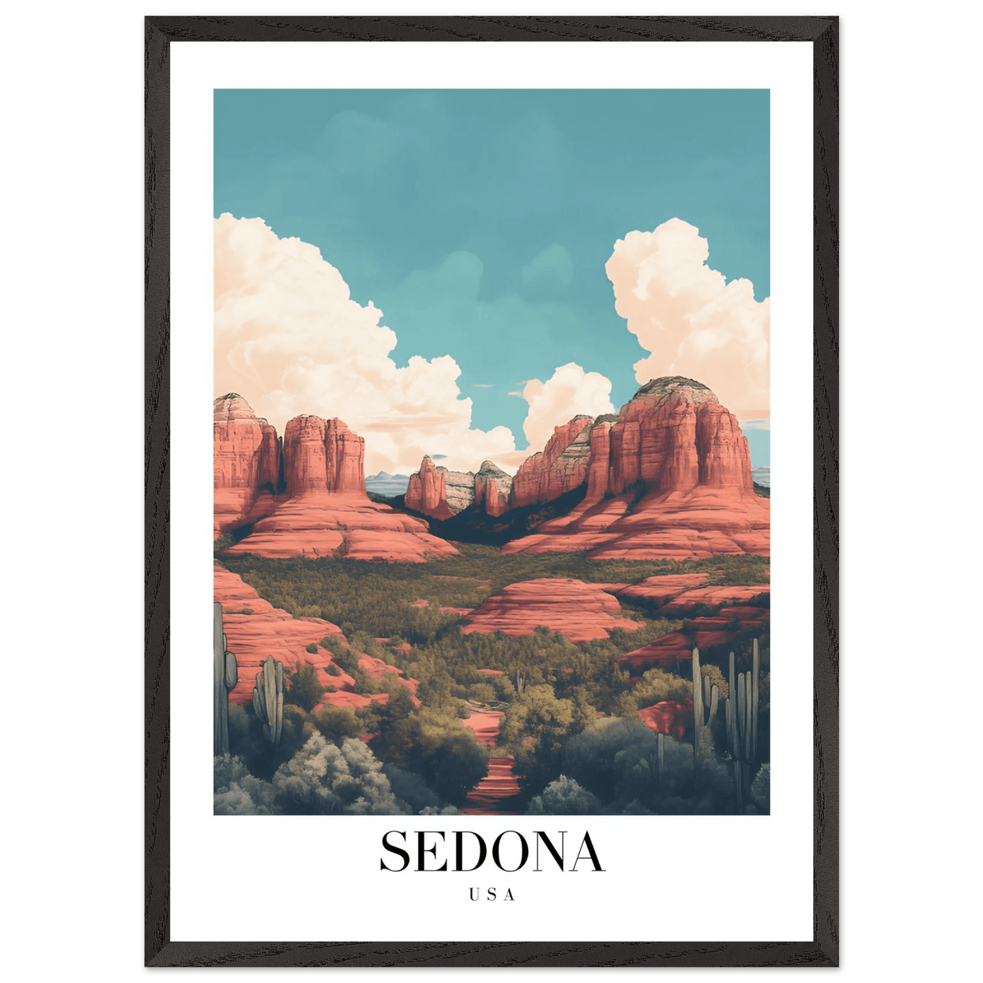 Sedona USA Framed Poster – Iconic Red Rocks Wall Art with Vintage Desert Vibes - Vibrantwalls