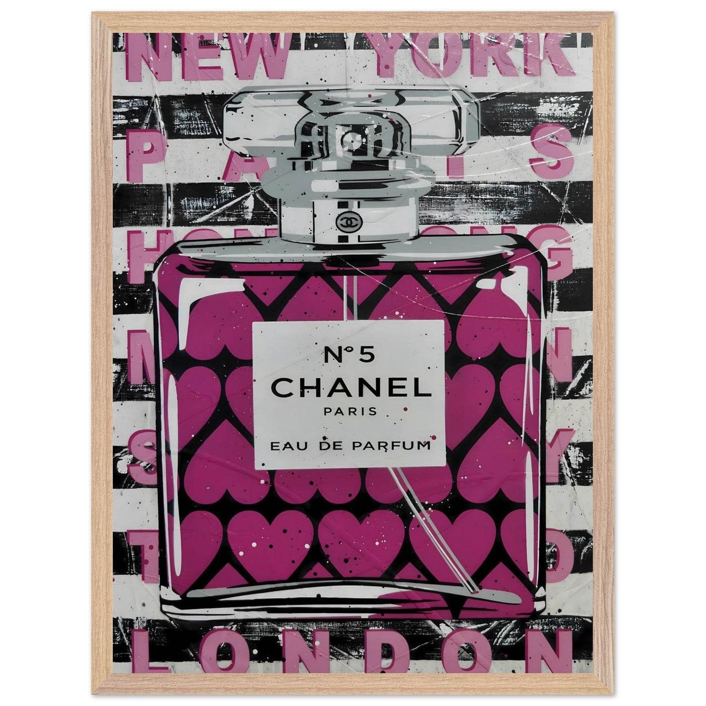 Chanel No. 5 Pink Hearts Pop Art Print in Premium Mounted Frame - Vibrantwalls