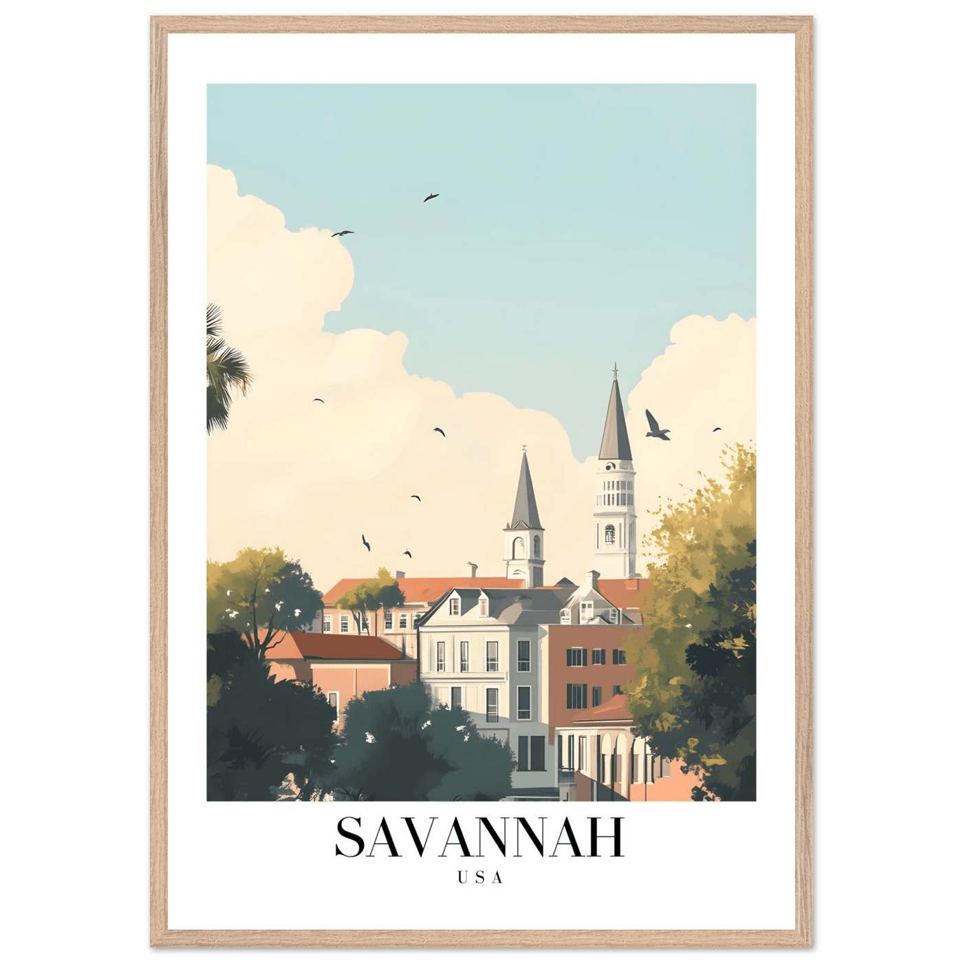Savannah USA Framed Poster – Charming Cityscape Wall Art with Wooden Frame - Vibrantwalls