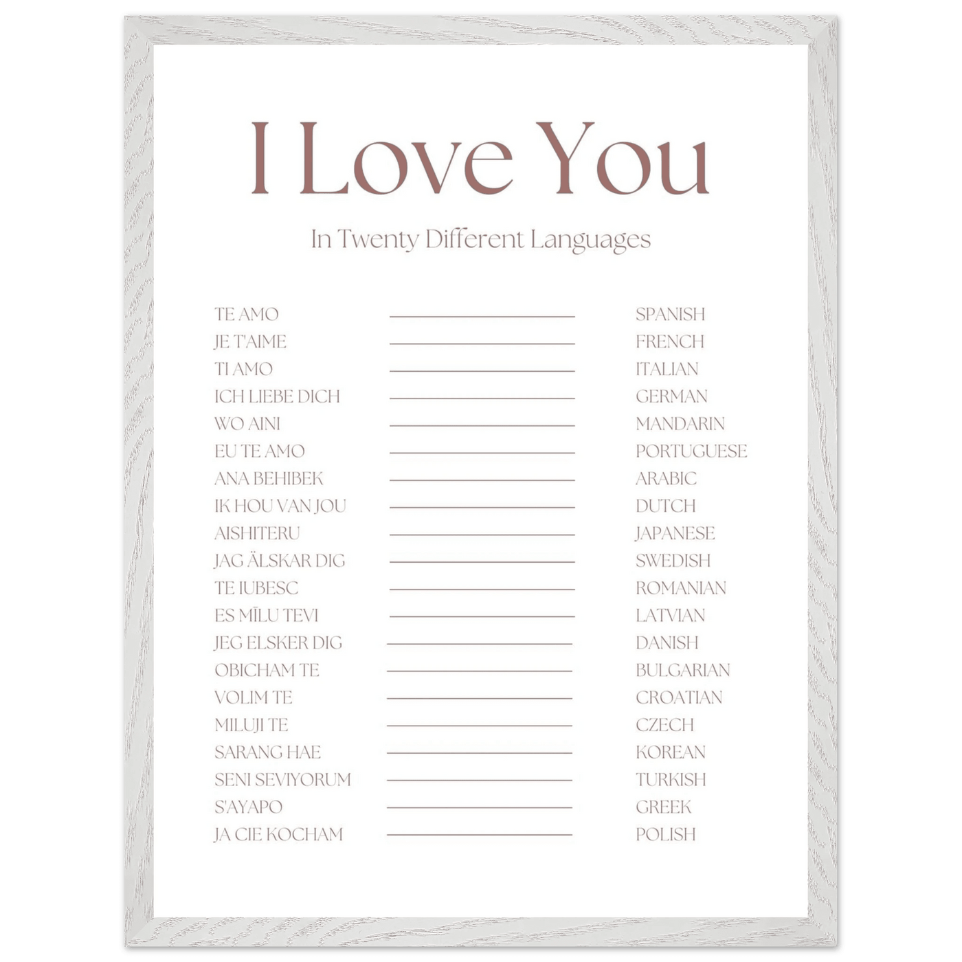 I Love You in 20 Languages - Mounted Framed Art Print, Eco-Friendly Wood Frame in Your Choice of Style - Vibrantwalls