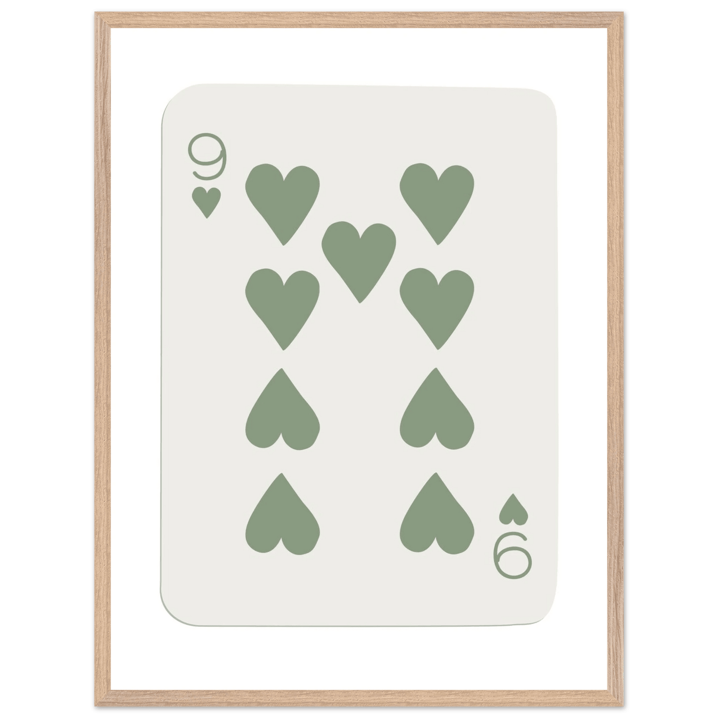 Minimalist Nine of Hearts Poker Card Print - Mounted Framed Wall Art, Sage Green Boho Decor, Eco-Friendly Wood Frame - Vibrantwalls