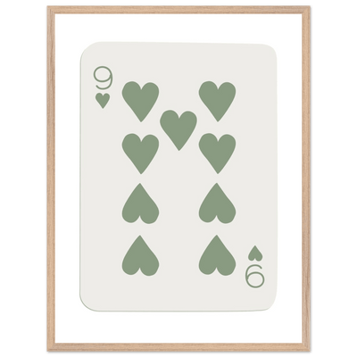 Minimalist Nine of Hearts Poker Card Print - Mounted Framed Wall Art, Sage Green Boho Decor, Eco-Friendly Wood Frame - Vibrantwalls