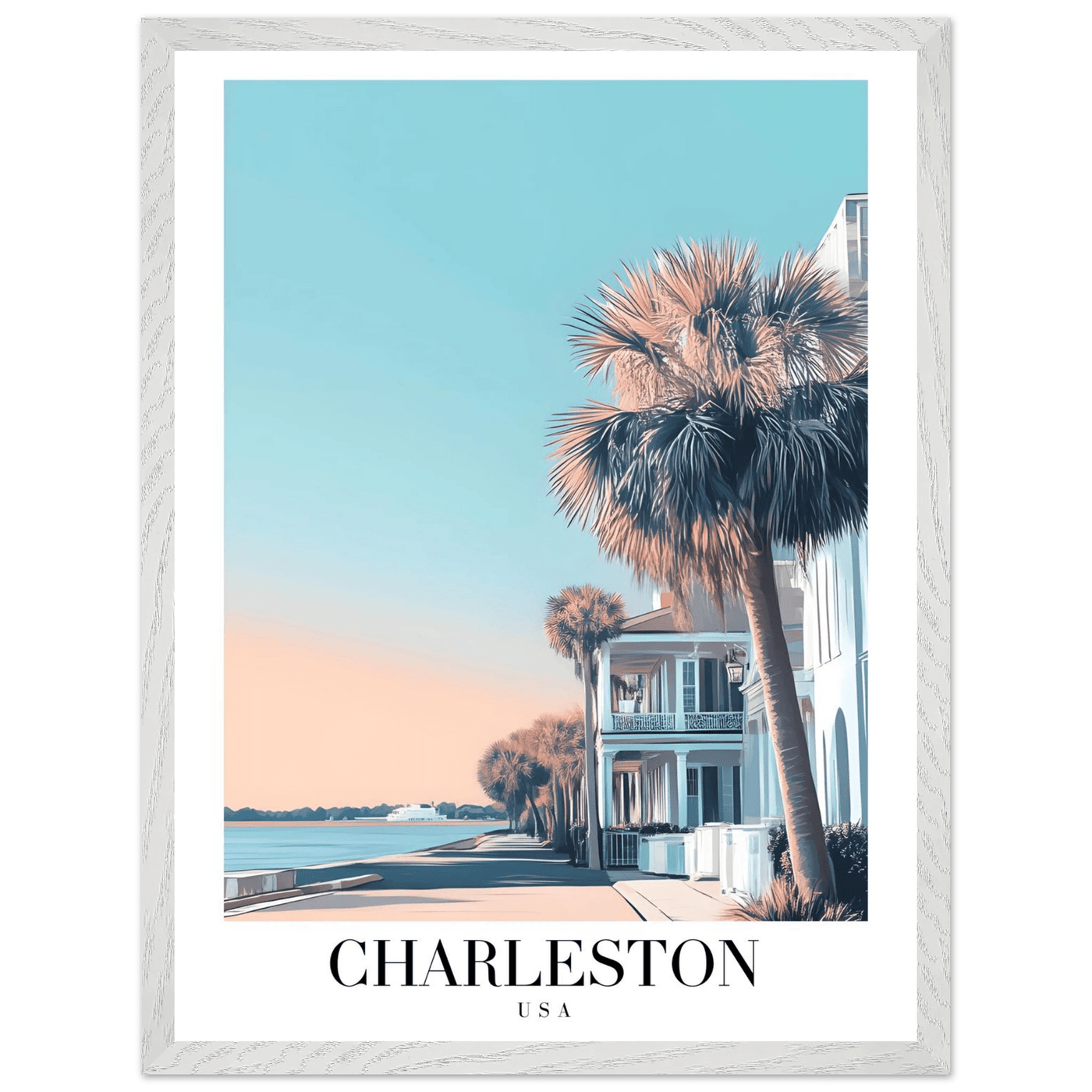 Charleston USA Framed Poster – Coastal Vintage Wall Art with Wooden Frame and Serene Sunset Hues - Vibrantwalls