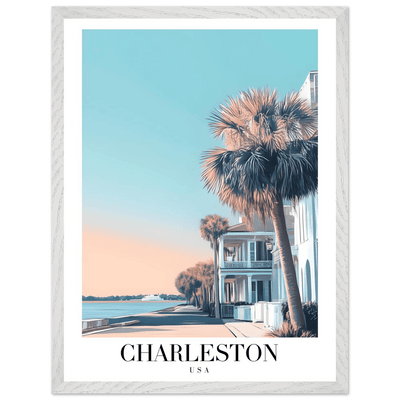 Charleston USA Framed Poster – Coastal Vintage Wall Art with Wooden Frame and Serene Sunset Hues - Vibrantwalls
