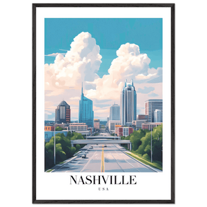 Nashville USA Cityscape Framed Poster – Modern Travel Wall Art with Wooden Frame & Your Choice of Size - Vibrantwalls
