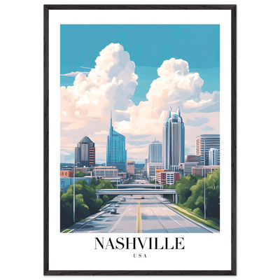 Nashville USA Cityscape Framed Poster – Modern Travel Wall Art with Wooden Frame & Your Choice of Size - Vibrantwalls