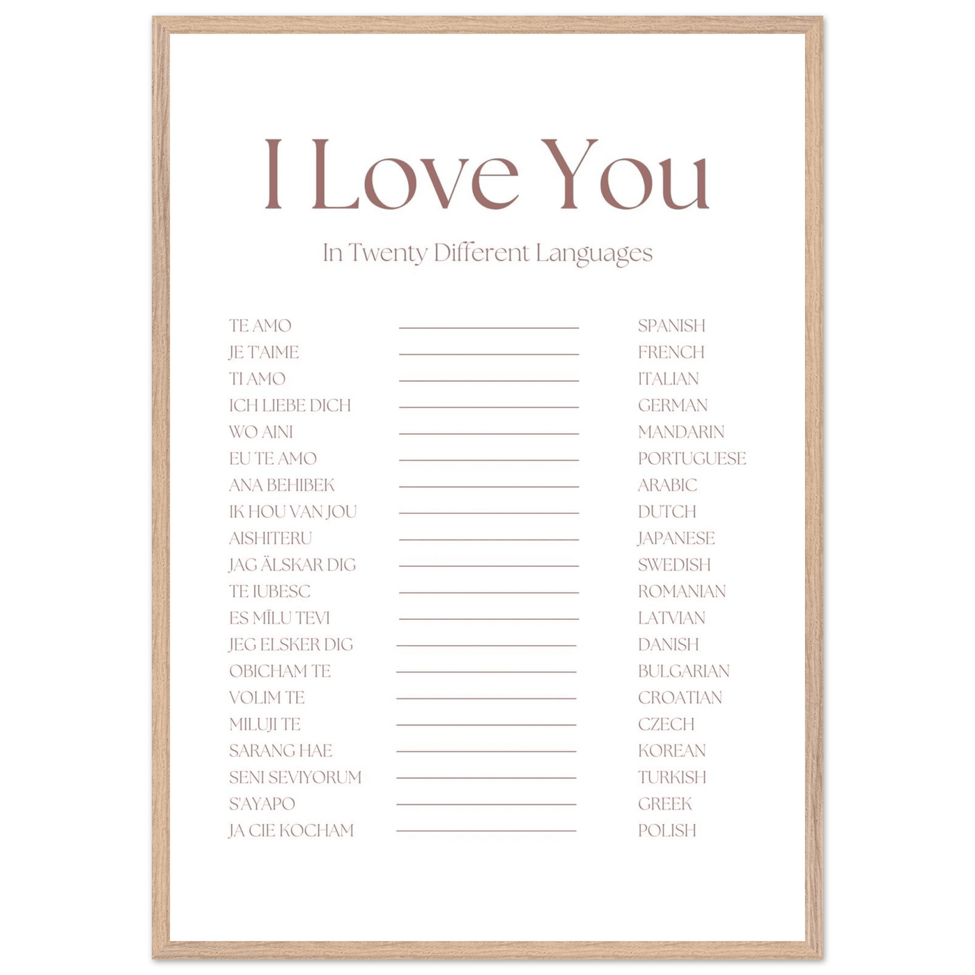 I Love You in 20 Languages - Mounted Framed Art Print, Eco-Friendly Wood Frame in Your Choice of Style - Vibrantwalls