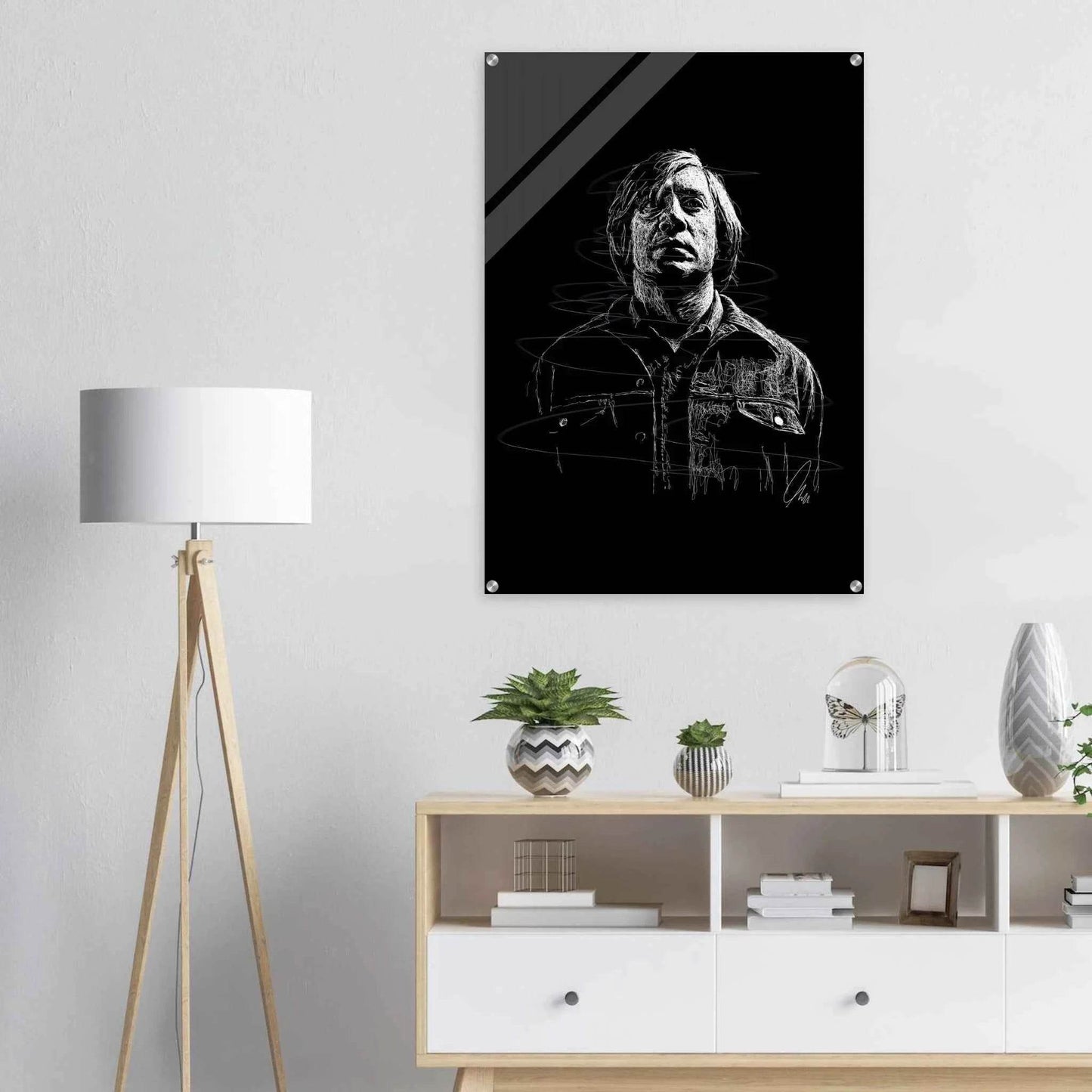 Javier Bardem in No Country for Old Men – Iconic Scrawl Art Acrylic Print - Vibrantwalls
