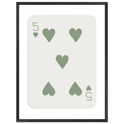 Five of Hearts Poker Card Print - Sage Green Aesthetic Framed Art, Eco-Friendly Wood Frame in Multiple Sizes - Vibrantwalls