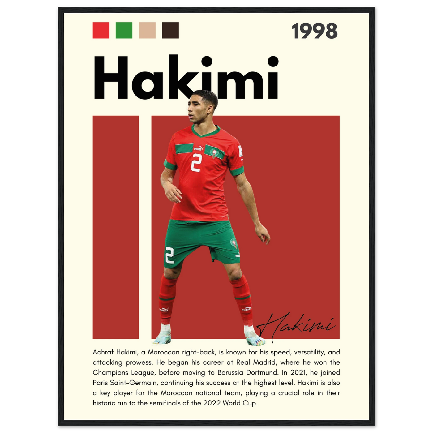 Achraf Hakimi Morocco Framed Football Legend Poster 60x80 cm 24x32″ Black frame Vibrantwalls