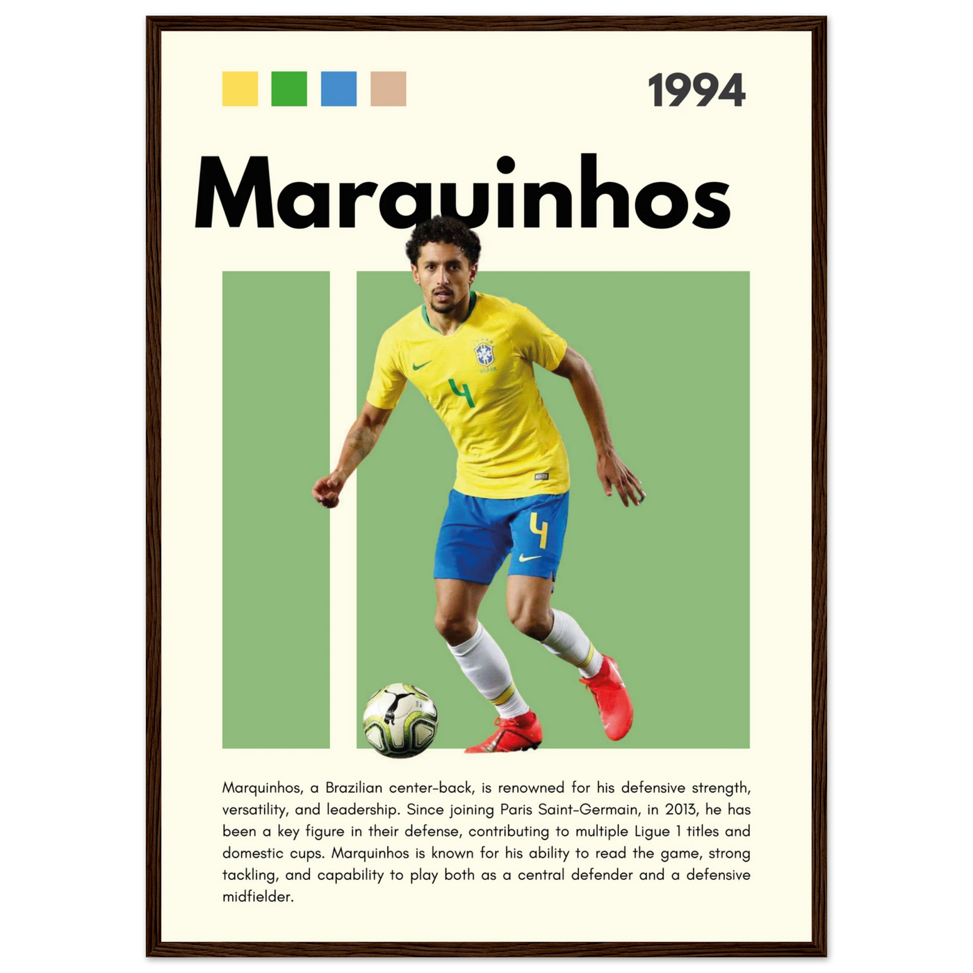 Marquinhos Brazil Football Framed Poster – Iconic Soccer Art Print for Fans 50x70 cm 20x28″ Dark wood frame Vibrantwalls