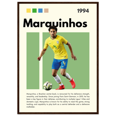 Marquinhos Brazil Football Framed Poster – Iconic Soccer Art Print for Fans 50x70 cm 20x28″ Dark wood frame Vibrantwalls