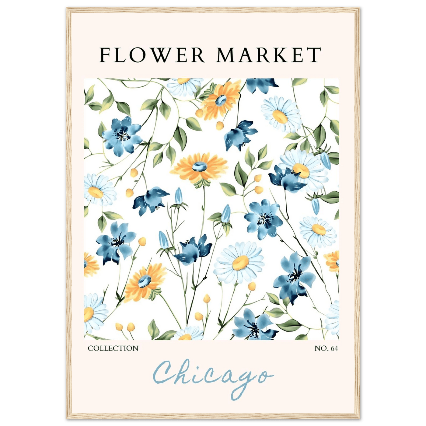 Flower Market Chicago Collection Framed Poster – Whimsical Blue & Yellow Floral Art Print | Ready-to-Hang - Vibrantwalls