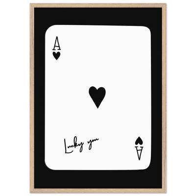 Ace of Hearts 'Lucky You' Framed Poker Card Art - Modern Black & White Print, Eco-Friendly Wood Frame - Vibrantwalls