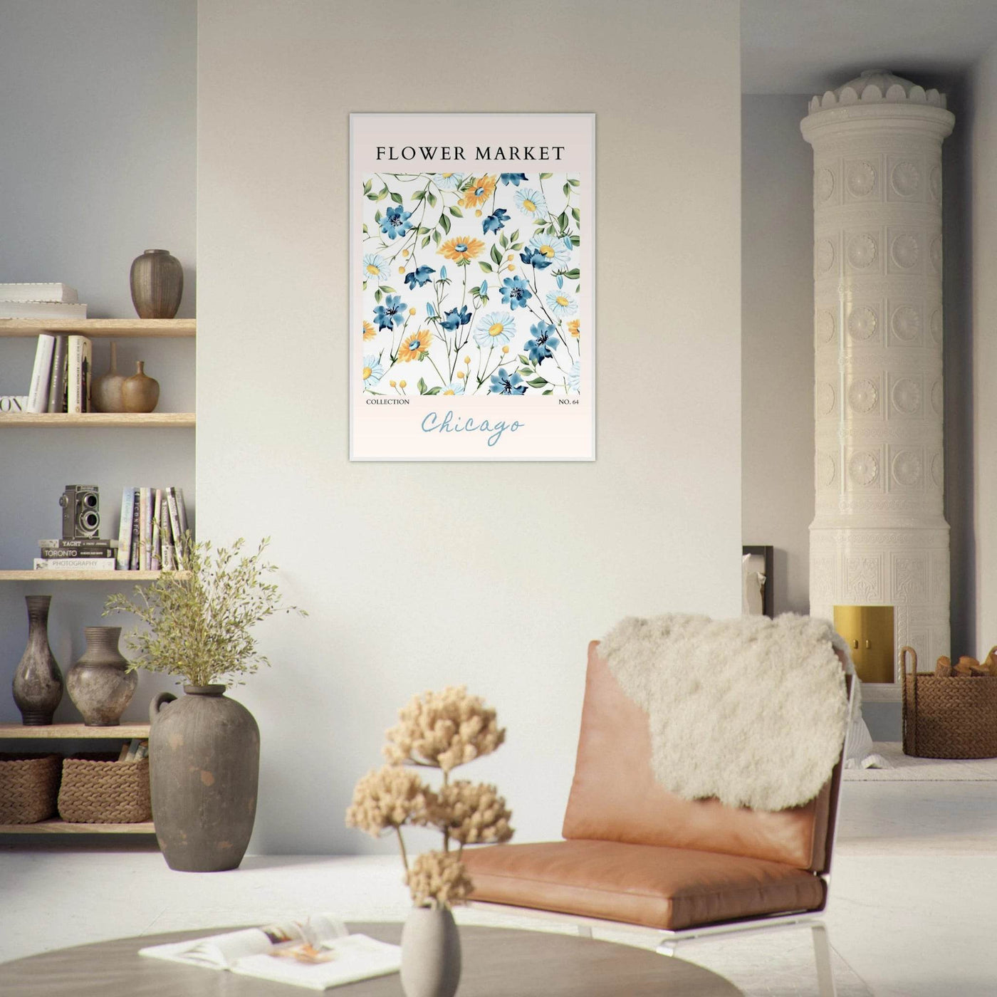 Flower Market Chicago Collection Framed Poster – Whimsical Blue & Yellow Floral Art Print | Ready-to-Hang - Vibrantwalls