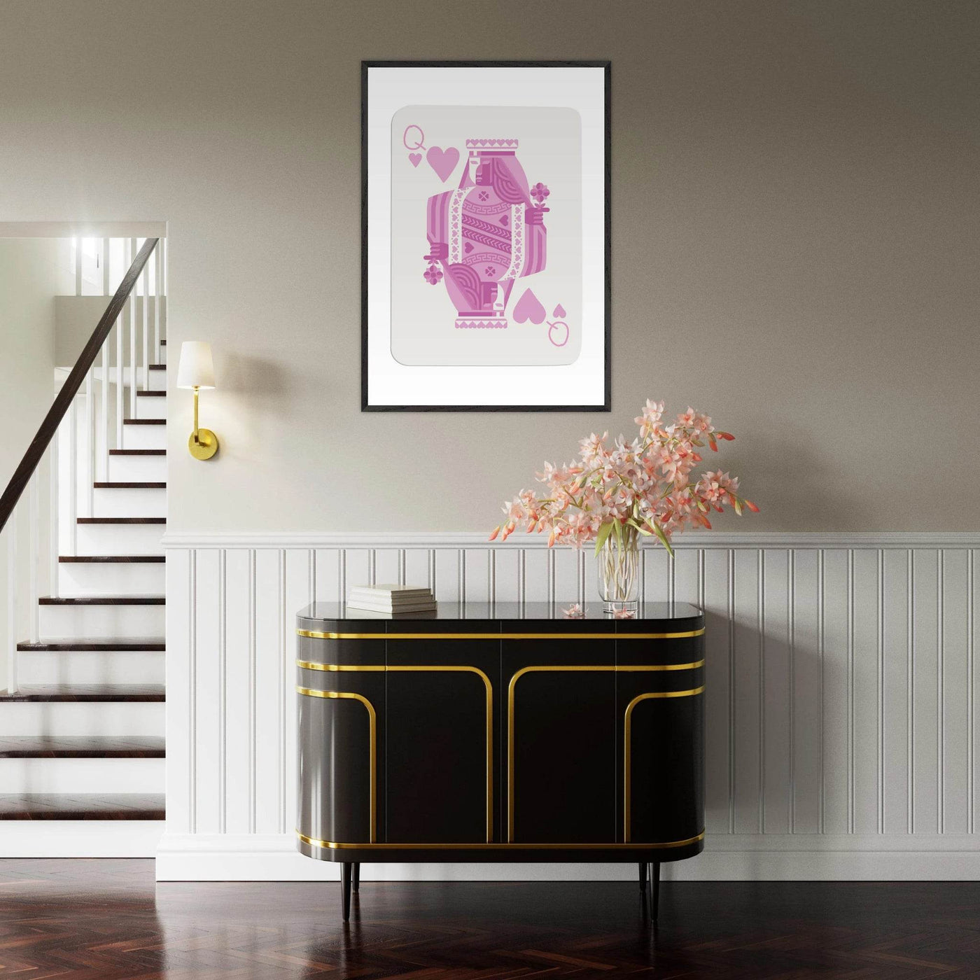 Queen of Hearts - Pink Poker Card Mounted Poster Art, Eco-Friendly Wood Frame & Shatterproof Plexiglass - Vibrantwalls