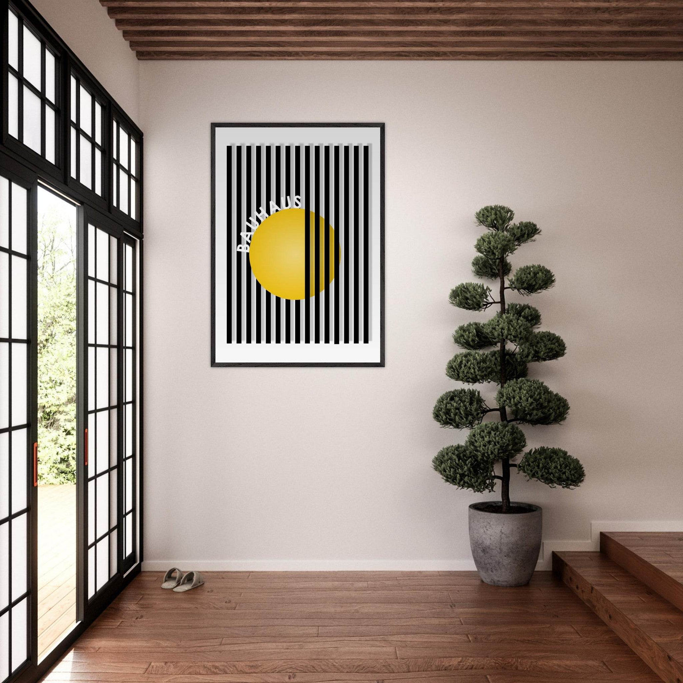 Bauhaus Yellow Circle Wall Art with Modern Stripes - Vibrantwalls