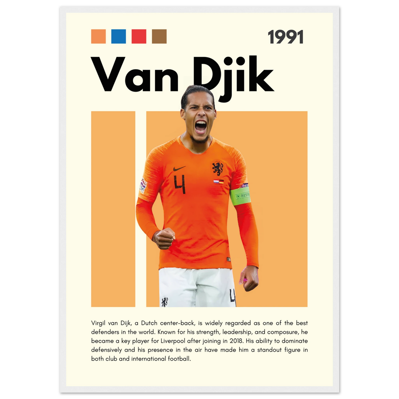 Virgil van Dijk Liverpool/Netherlands Football Framed Poster - Orange & Dynamic Sports Art Print 50x70 cm 20x28″ White frame Vibrantwalls