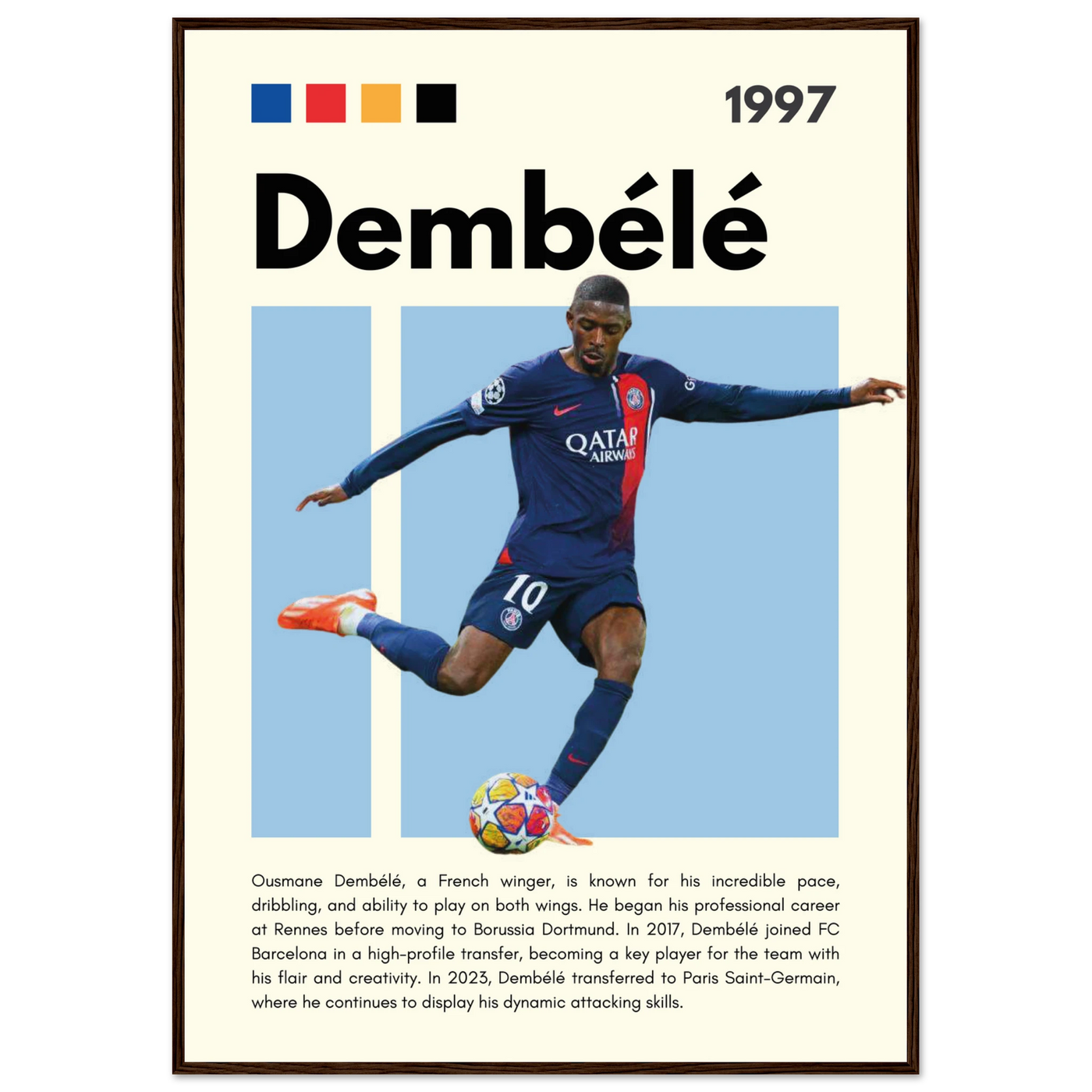 Ousmane Dembélé PSG Soccer Framed Poster – Dynamic Football Art Print in Multiple Sizes & Frame Styles 70x100 cm 28x40″ Dark wood frame Vibrantwalls