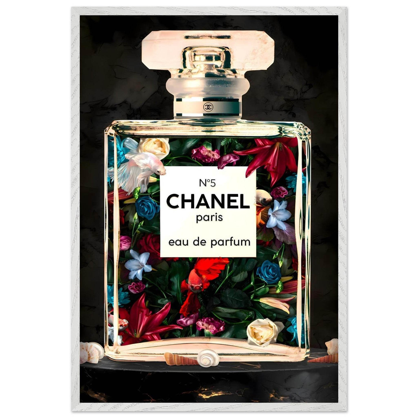 Chanel No. 5 Floral Fantasy Framed Art Print: A Timeless Blend of Iconic Fragrance and Vibrant Botanicals - Vibrantwalls