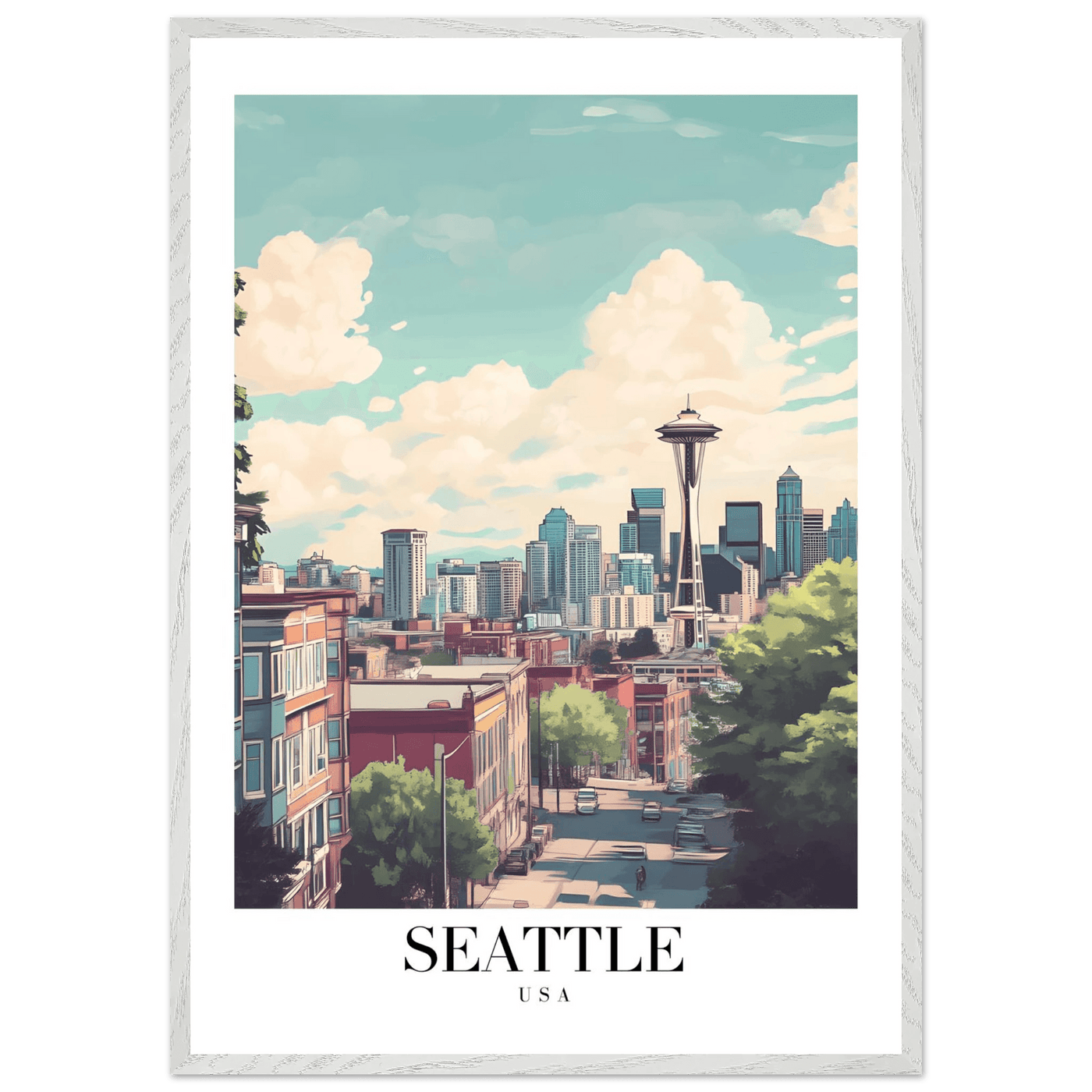 Seattle USA Framed Poster – Charming Watercolor Cityscape Wall Art with Wooden Frame - Vibrantwalls