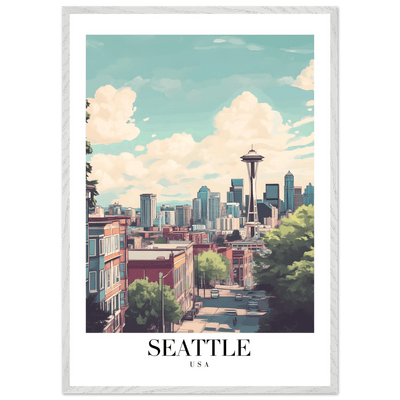 Seattle USA Framed Poster – Charming Watercolor Cityscape Wall Art with Wooden Frame - Vibrantwalls
