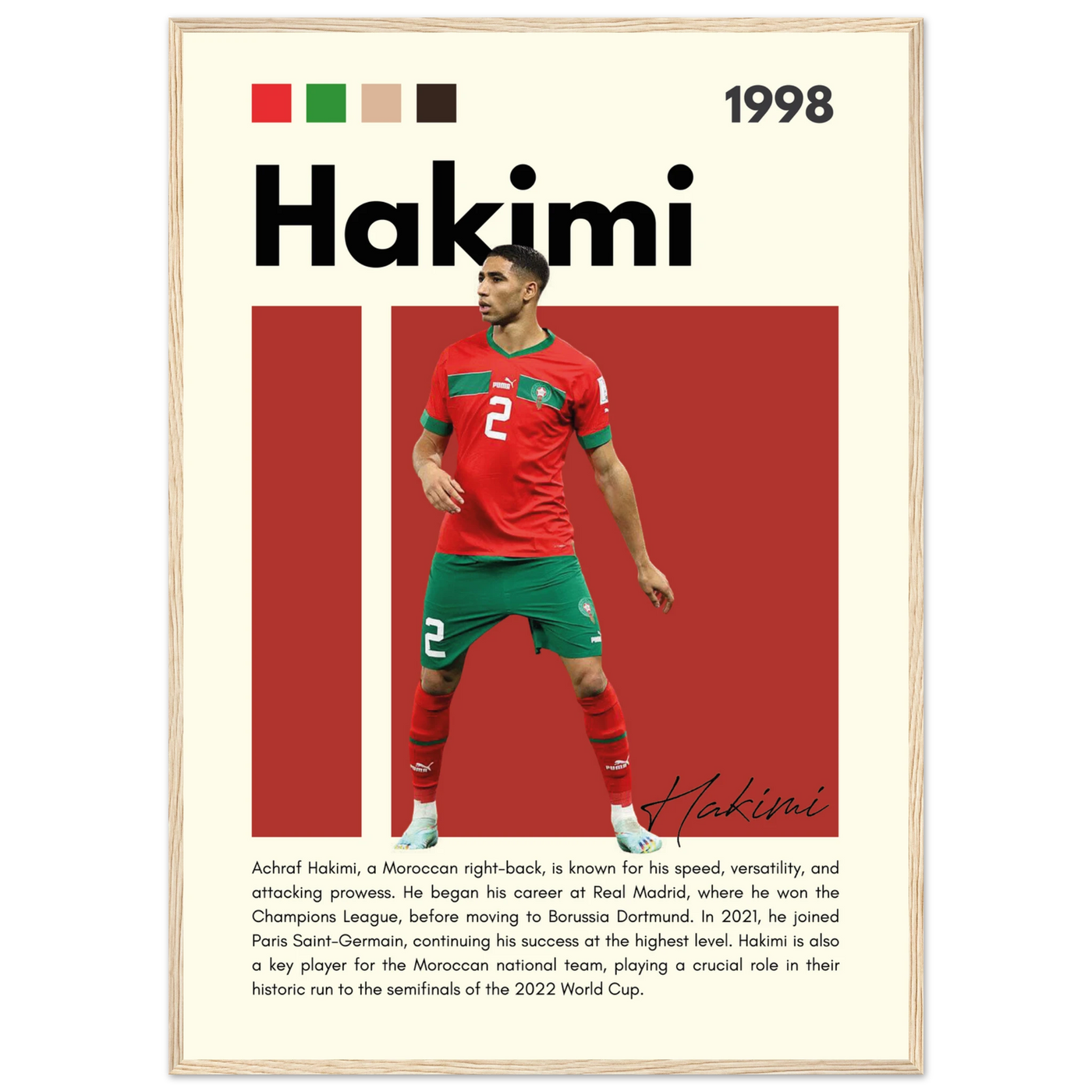 Achraf Hakimi Morocco Framed Football Legend Poster A1 (59.4 x 84.1 cm) Wood frame Vibrantwalls