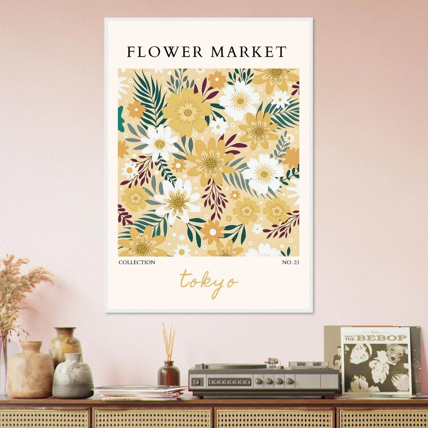 Tokyo Flower Market Framed Poster – Botanical Golden & White Floral Print | Ready-to-Hang Wall Art - Vibrantwalls