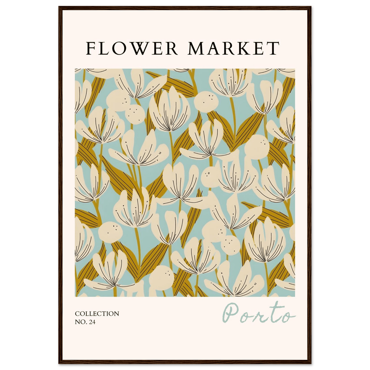 Flower Market Porto Abstract Floral Framed Poster | Calming Blue & Gold Botanical Art Print, Ready-to-Hang - Vibrantwalls