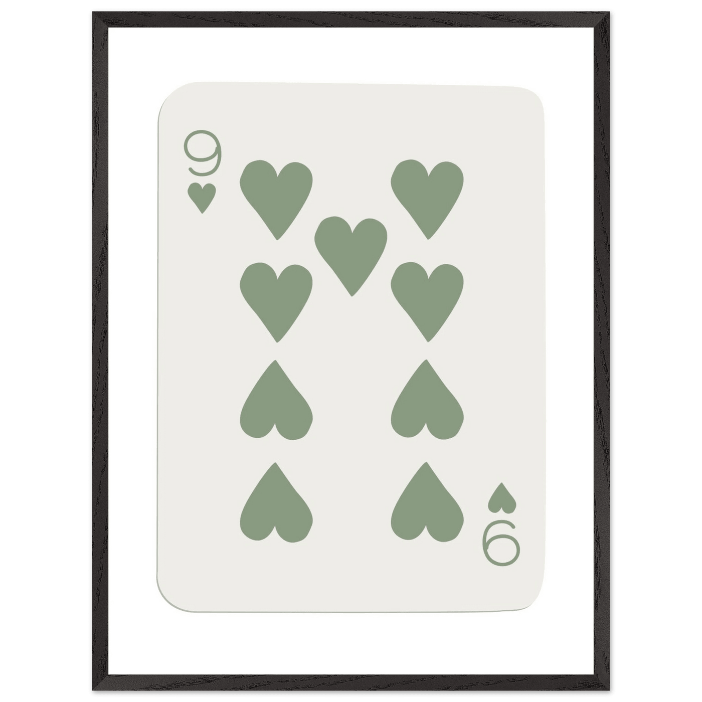 Minimalist Nine of Hearts Poker Card Print - Mounted Framed Wall Art, Sage Green Boho Decor, Eco-Friendly Wood Frame - Vibrantwalls
