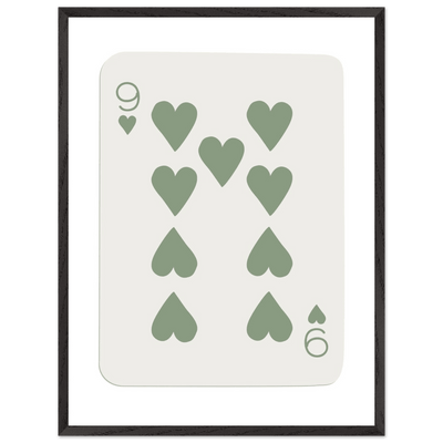 Minimalist Nine of Hearts Poker Card Print - Mounted Framed Wall Art, Sage Green Boho Decor, Eco-Friendly Wood Frame - Vibrantwalls
