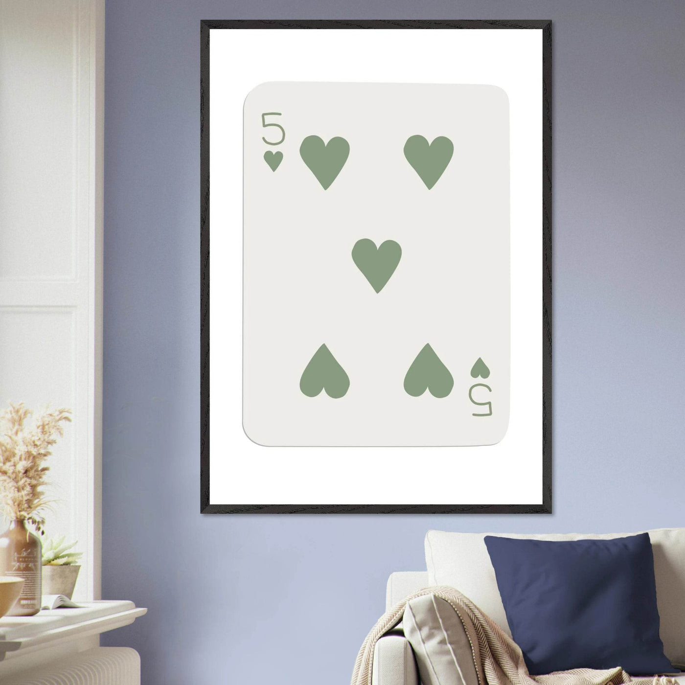 Five of Hearts Poker Card Print - Sage Green Aesthetic Framed Art, Eco-Friendly Wood Frame in Multiple Sizes - Vibrantwalls