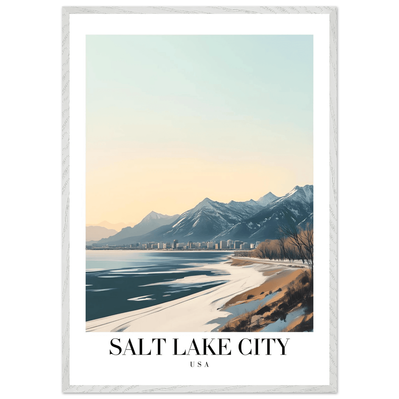 Salt Lake City Framed Poster – Modern Winter Landscape Art with Wood Frame - Vibrantwalls