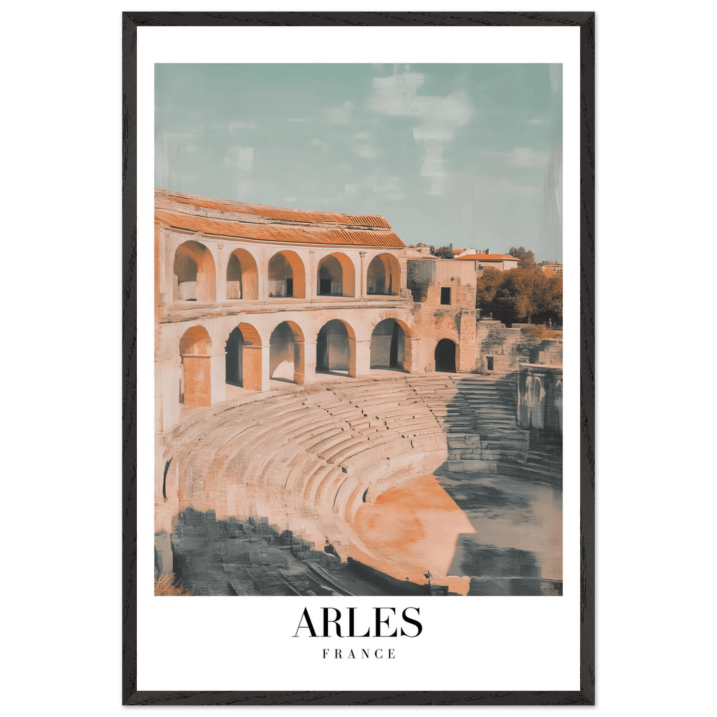 Arles France Amphitheater Framed Poster – Vintage Travel Wall Art with Wooden Frame and Serene Palette - Vibrantwalls