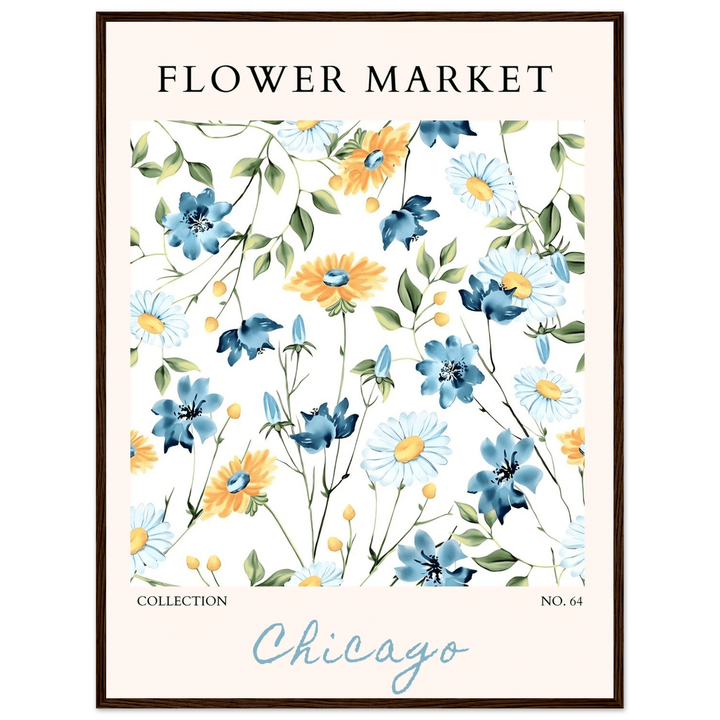 Flower Market Chicago Collection Framed Poster – Whimsical Blue & Yellow Floral Art Print | Ready-to-Hang - Vibrantwalls
