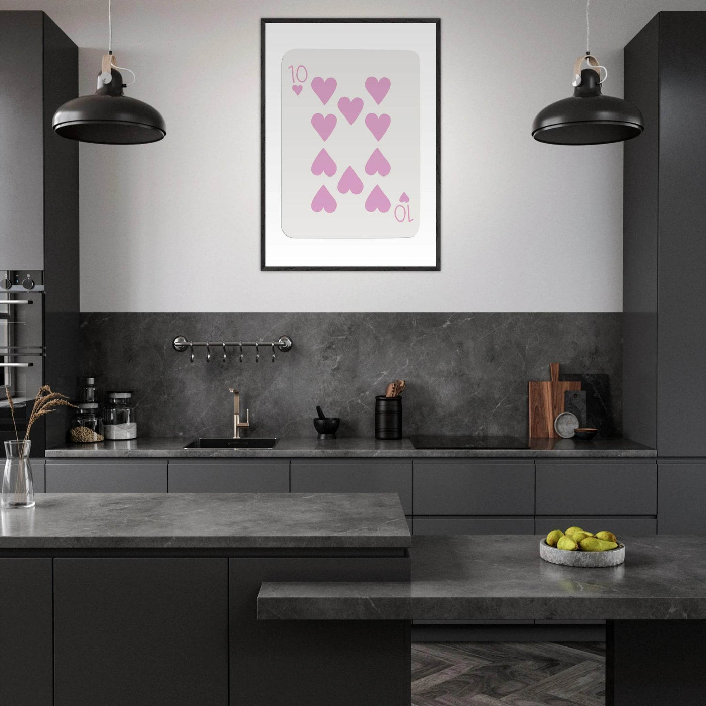 Ten of Hearts Poker Card Print - Soft Pink & Cream Mounted Framed Poster Art, Eco-Friendly Wood Frame - Vibrantwalls