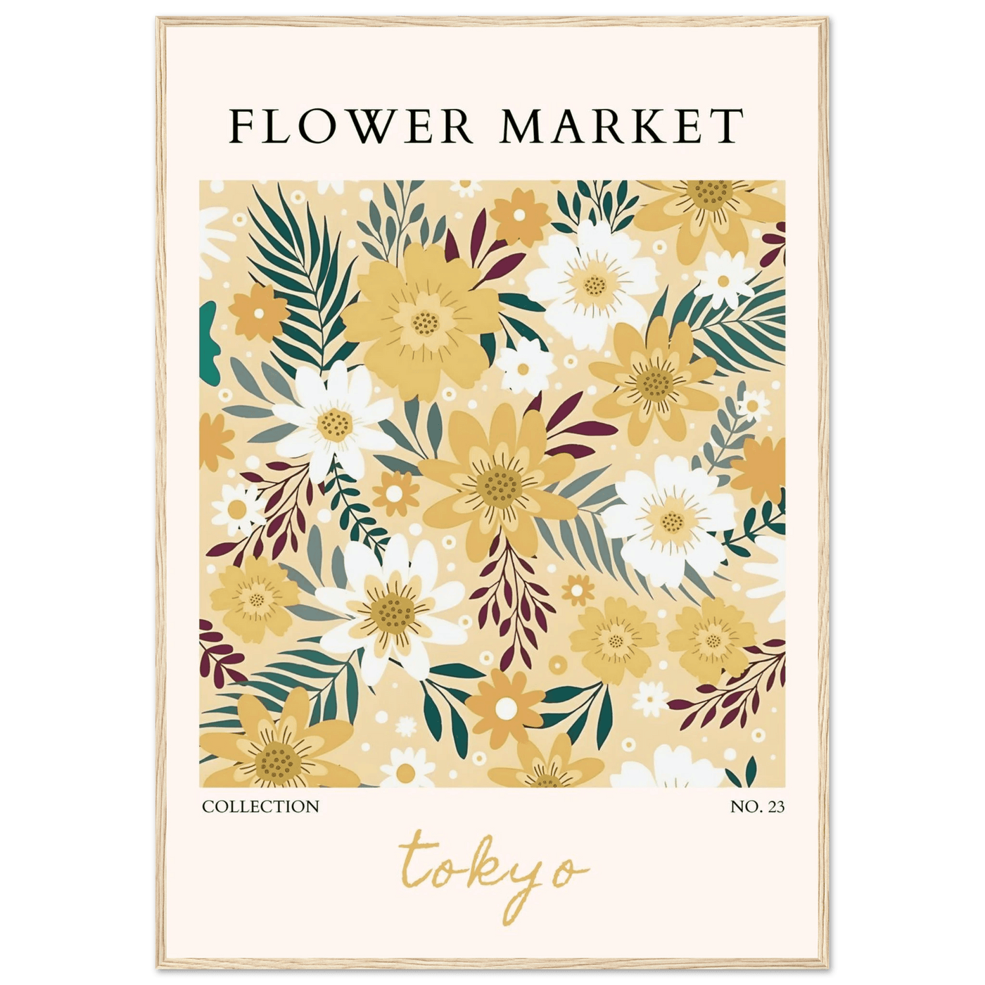 Tokyo Flower Market Framed Poster – Botanical Golden & White Floral Print | Ready-to-Hang Wall Art - Vibrantwalls