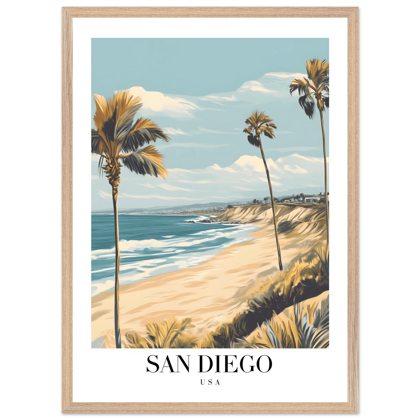 San Diego USA Framed Poster – Vintage Beach Travel Wall Art with Wooden Frame in Your Choice of Size and Finish - Vibrantwalls