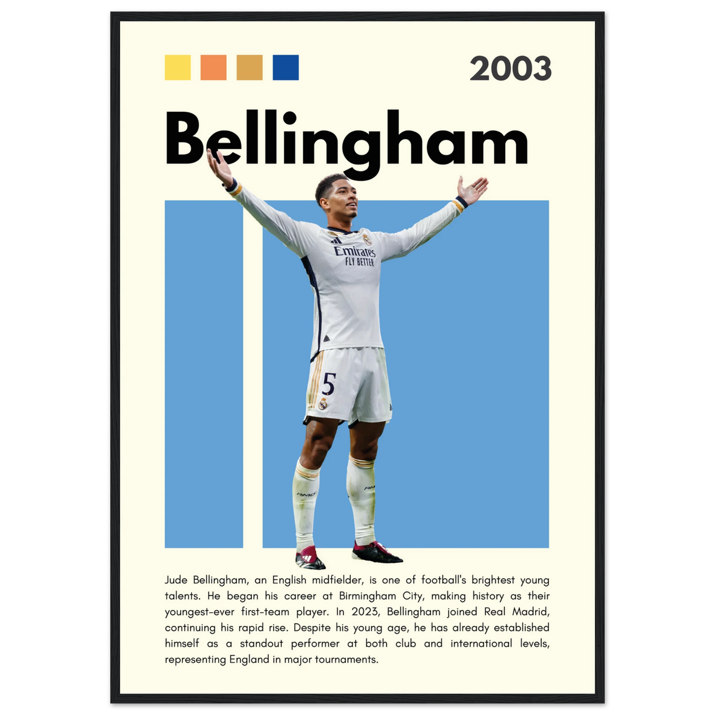 Jude Bellingham Real Madrid Football Poster – Modern Pop Art Print in Your Choice of Frame A1 (59.4 x 84.1 cm) Black frame Vibrantwalls