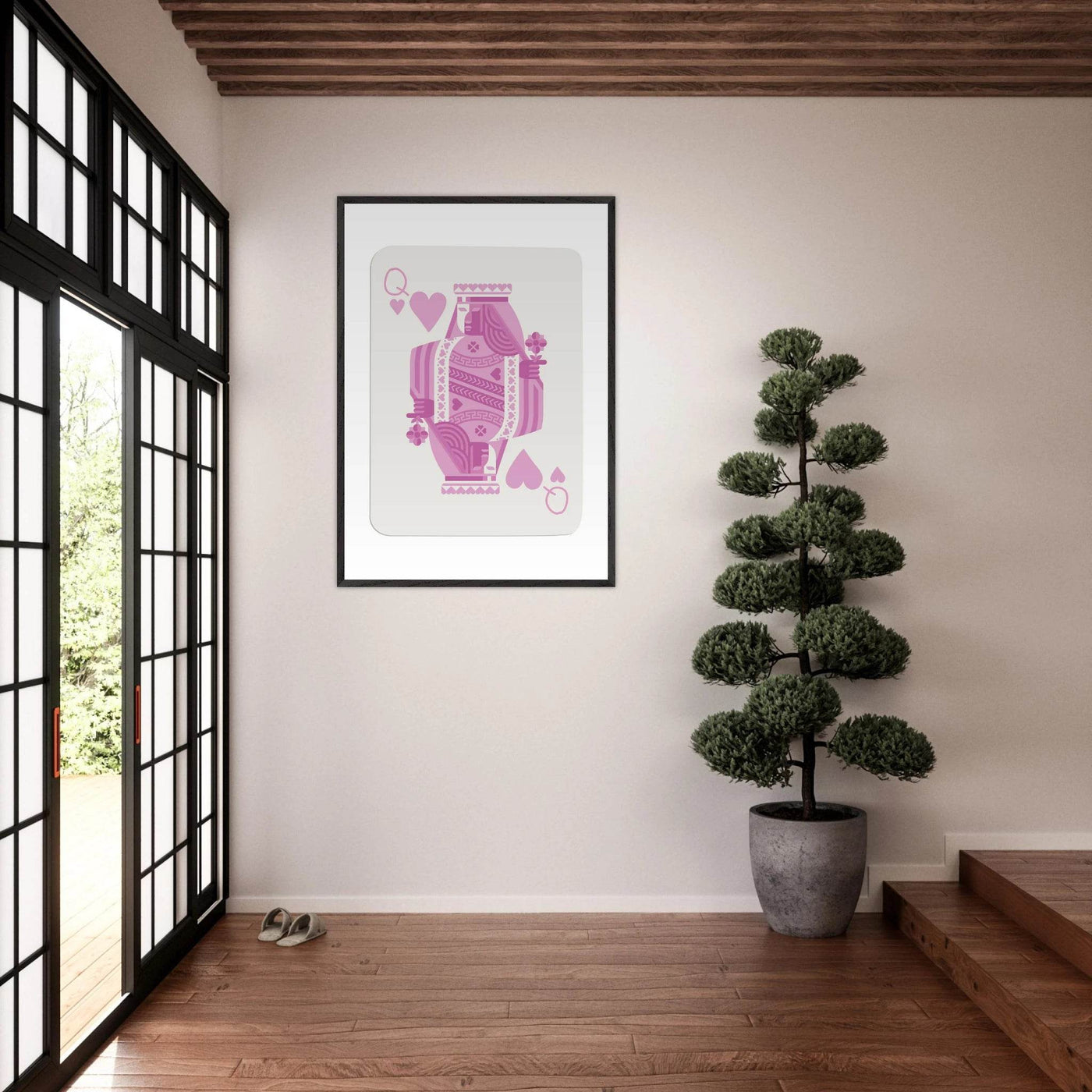 Queen of Hearts - Pink Poker Card Mounted Poster Art, Eco-Friendly Wood Frame & Shatterproof Plexiglass - Vibrantwalls