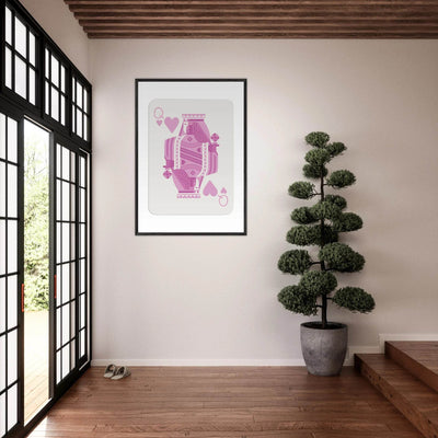 Queen of Hearts - Pink Poker Card Mounted Poster Art, Eco-Friendly Wood Frame & Shatterproof Plexiglass - Vibrantwalls